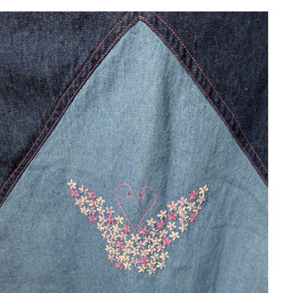 Vintage 90's Funky People Denim Maxi Skirt Embroidered Flowers an Butterfly - Picture 5 of 9